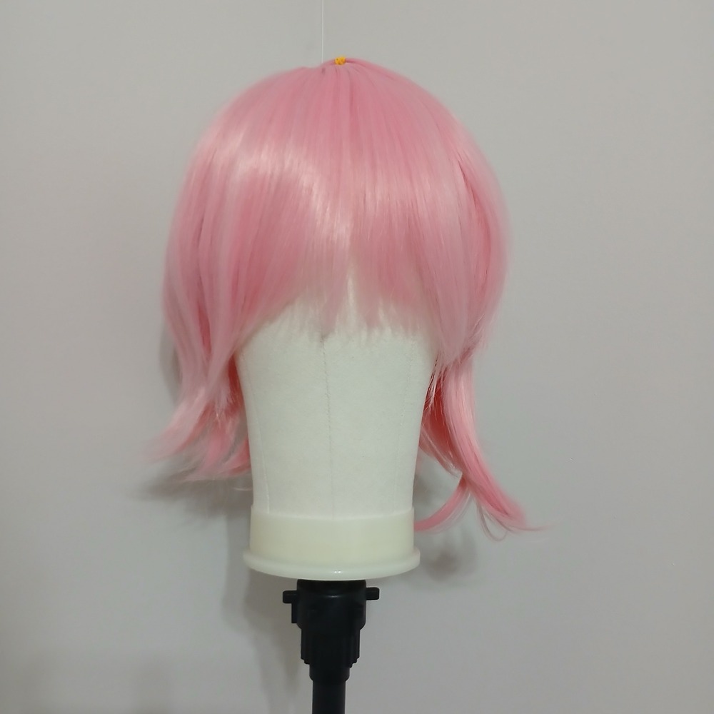 Short Pink Layered Cosplay Wig with Bangs and Top Ponytail‎ Accent Synthetic